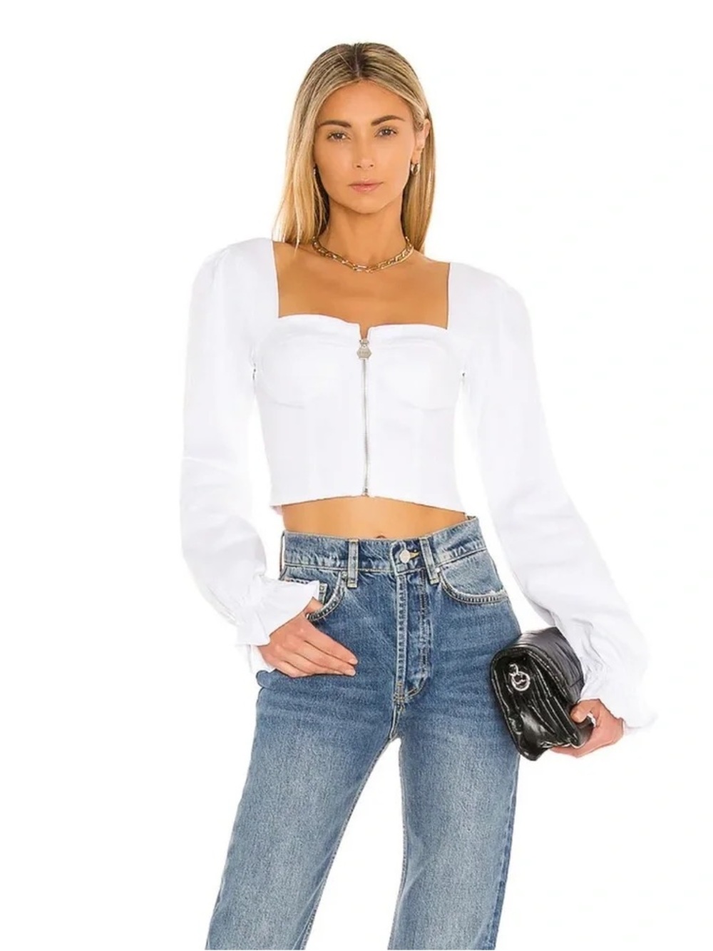 OW Intimates Demi Blouse White Square-Neck Zip Front Crop Top Denim - Women’s